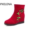 Botas PXELENA Diseño Bordar Floral Mujeres Tobillo Punta Redonda Flock Altura Aumento Tacones Altos Zapatos Cortos Femeninos 34-43