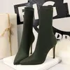 Jurk schoenen dames 7,5 cm 10 cm hoge laarzen kousen groen lage korte enkel dames strippers winter hoek tenen satijn sexy schoenenI2FK H240321