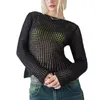 T-shirts Femmes Femmes Crochet Crop Top À Manches Longues Dos Nu Creux Out Tricot Pull Blouse Tops Harajuku Streetwear Beach Cover Up