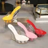 Slippers New Women Slippers PVC 15cm cales Peep Toe Elastic Band Classics Sweet Transparent Plateforme Flower Party Women Chaussures Jaune