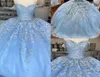 2022 Baby Blue Lace Tulle Sweet 16 Dresses Off The Shoulder Floral Applique Tulle Beaded Corset Back Vestidos De Quinceanera Ball 5818260