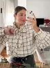 Fashion Bow Single Breasted Plaid Print Shirts Women Elegant O Neck Long Sleeve Blouse 2024 Spring Lady Casual High Streetwear 240320