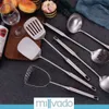 Milado Stainless Steel Utensil Set: Set of 6 Cooking and Serving Kitchen Tools Spoon, Solid Slotted Turner, Soup Ladle, Potato Masher - Ergonomic Handles