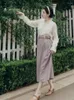 Work Dresses Modern Vintage Woman Outfits Romantic Bow Trumpet Sleeve Loose Shirt Tops & Purple Midi Skirt Elegant Lady 2 Piece Sets