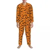 Heren nachtkleding Halloween Vleermuis pyjama set oranje en zwart Trendy Heren Lange mouwen Vintage Vrije tijd 2 stuks Nachtkleding Grote maten 2XL