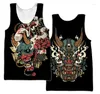 Débardeurs pour hommes Samurai Oni Masque Tatouage 3D All Over Imprimé Hommes Gilet Été Harajuku T-shirt Sans Manches Unisexe Casual Polyester