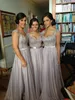 Silver Chiffon Lace Custom Made New Big Rabatt Cap Hylsa Long Bridesmaid Dresses Formella klänningar med band8695427