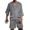 Fashion Men Two Piece Set Casual Cotton Linen Solid Loose Outfits Summer Half Sleeve V-Neck T-Shirt And Shorts Suits For Mens S-3XL