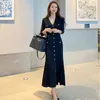 Vintage koreańskie sukienki maxi na imprezę dla kobiet imprezę z długim rękawem vneck syrena sukienka elegancka moda damski vestidos femme jesień 240318
