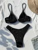 Damen-Bademode Damen-Badeanzug 203, schwarzer, glänzender Bikini, sexy, hoch taillierter, zweiteiliger Badeanzug, Stahlträger, Damen-Strandbadeanzug mit V-Ausschnitt YX1378X J240319