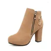 Stiefel PXELENA 2024 Winter Büro Damen Knöchel Chunky Block High Heels Seitlicher Reißverschluss Runde Zehe Flock Kleid Plus Größe 34-43