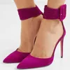 Dress Shoes Big Buckle Strap High Heel Pumps Fuchsia Suede Pointed Toe Ankle Narrow Women Celebrating Evening Heels