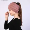 Cappelli Sciarpe Set Berretti invernali da donna in cotone lavorato a maglia con coda di cavallo lana lavorata a maglia nera rosa tinta unita autunnale per donnaC24319