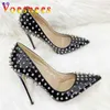 Klänningskor Celebrity Star High Heels 12cm Pointed Thin Heel Single Shallow Mouth Rivet Women Pumps 2023 Ny Unique Design Stilettos H240321EBYWZF08