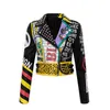 New Design Womens Graffiti Leather Coat Fight Biker Printed Color Contrast Short Jacket Punk Style Womens Leather Pu Jacket