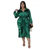 Elegant satin plus size kvinnor skjorta klänning sexig ruched långärmhet snörning upp kvällsfest midi drerss vestido africano feminino 240318