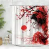 Cortinas de ducha Cortina japonesa Luna roja Flor de cerezo Rama Glam Mujeres Chica china Pintura de tinta tradicional Decoración de baño