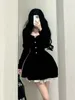 Casual Dresses 2024 Spring Long Sleeve Bodycon Black Min Dress Women Vintage Velvet Even Party High midjen Outwear Chic Y2K