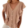 Kvinnors blusar Single Breasted Shirt Stylish V-Neck Ruffle Sleeve Loose Fit Streetwear Tops For Summer Dressy Casual Fashion