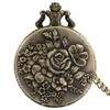 Relógios de bolso elegante rosa flores bronze relógio quartzo analógico algarismos árabes dial colar pingente relógio presente unisex