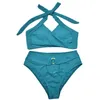 Costume da bagno da donna Sexy con collo appeso e fibbia in metallo, pantaloncini da bagno a due pezzi vuoti per donne con reggiseni con tasche