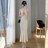 Casual Dresses Summer Women White Elegant V Neck Knit Slip Long Dress French Black Sexy Club Slim Prom Evening Party Fishtail