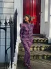 Kvinnors tvåbitar byxor Kvinnor Casual Purple Plaid Lace Up Shirt Pant Suit Chic O Neck Longeples Tops High midjen Spring Female Pending