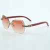 Nouveau produit lunettes de soleil à double rangée taillées en diamant 8300817 taille de jambe en bois rouge naturel 60-18-135 mm