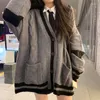 Women's Knits Cardigan Grey Striped Knitted Sweater Women Korean Fashion Oversize Jumper Harajuku Streetwear Preppy Loose Long Sleeve Coat