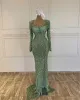 Sexy grüne Meerjungfrau Abend Pailletten Crystal Long Sleeves formelle Party Prom Kleiderfalten Kleider für besondere OCN