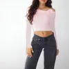 Gaono Women's Knit Flower Decro Crop Tops Basic Solid Color off Off Shouldell Lengeve Thirts Cropped Seater Cottage Streetwear 240320