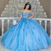 Céu azul brilhante princesa quinceanera vestidos 2024 apliques florais rendas espartilho fora do ombro vestidos de baile de 15 anos