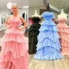 Vestidos Strapless Ruffle Prom Dress 2k23 vestido de baile em camadas saia volumosa Império Periwinkle Lady Pageant Formal Evening Event Party Runw