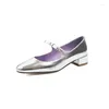 Dress Shoes Genuine Nature Leather Closed Toe Elegant Ladies Office Pumps With Bowtie Silver Chunky High Heels Mary Janes