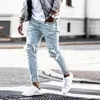 Mäns jeans ljusblå mager män streetwear förstörda rippade Homme hiphop manlig blyertscyklist ihålig jean byxor