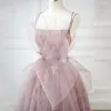 Runway Dresses Luxury Pink Floral Tulle Long aftonklänning 2024 Spaghetti Stems Backless Formal Prom for Women Födelsedagsbröllopsfest