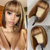 Ombre Highlight Blonde Full Machine Made Wig with Bangs 180% Density Short Bob Straight Non Lace Front Wig Remy Brazilian Hair