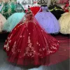 Abiti Abiti Quinceanera in velluto rosso scuro Applicazioni dorate con farfalla Abito da ballo dolce 15 con spalle scoperte Compleanno per ragazze junior