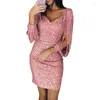 Vestidos casuais moda sexy v pescoço glitter bodycon para mulheres cocktail elegante festa manga longa mini vestido de balanço