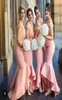 Ny Fashion Pink High Low Mermaid Bridesmaid Dresses 2017 Spets Off Shoulder Satin Sheath Maid of Honor Gowns Plus Size Wedding Gue1157978