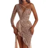 Moda feminina Sexy Gold Sprinkled One ombro Banquet Diamante embrulhado Vestido de noite High Slit Flit Lenging Women 240402
