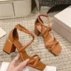 Women High Heel Sandals Chunky Heels Ankle Strap Shoe Genuine Leather Designer Heels Sandal Summer Open Toe Fashion Party Thick Heel Dress Shoes 6.5cm