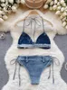 Costumi da bagno da donna Singrainy set di lingerie sexy denim da donna con reggicalze reggiseno corto + perizoma con lacci set di lingerie sexy bikini moda J240319