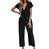 Kvinnors byxor Loose Cut Jumpsuit Stylish Summer Jumpsuits V-ringning Lace-up Romper Casual Wide Leg Streetwear Short Sleeve Rompers