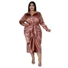 Elegant satin plus size kvinnor skjorta klänning sexig ruched långärmhet snörning upp kvällsfest midi drerss vestido africano feminino 240318