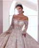 Crystal Covered Ball Gown Wedding Dresses For Bride Off The Shoulder Sequined Lace Arabic Vestido De Noiva Sweep Train Robe Mariage Bridal Gowns