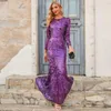 Robes décontractées 2024 printemps et automne période tempérament avec paragraphe robe à paillettes violet rond longue robe de soirée manches