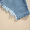 Mädchen-Jeans-Kleidungsset, einfarbig, kurzärmelig, schulterfrei, abgeschnittene Tops, Rock mit unregelmäßigem Saum 240319