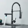 Robinets de cuisine lumière LED noir mat, robinet à double bec, poignée unique, mitigeur d'eau froide à ressort extractible