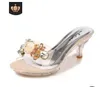 Klänningskor 2020 Summer Women Slippers Crystal Flowers 6.5cm High Heels Mules Slides Lady Transparent Flip Flop Jelly Sandals H240321VJTFJ833